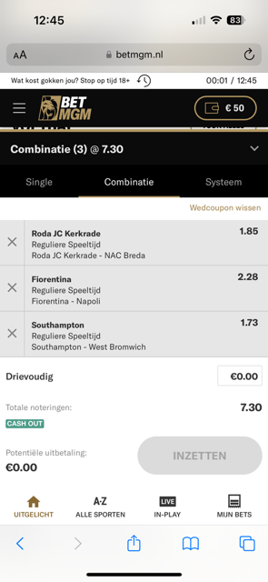 Voorbeeld van een betslip met een cominatieweddenschap